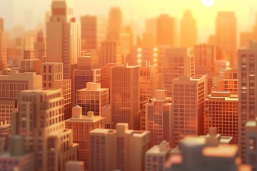 : A 3D vector representation of a bustling cityscape at dusk, with the setting sun casting a warm glow on the buildings.