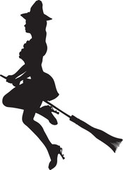 Witch on broom silhouette. Detailed silhouette of with woman flying on broom illustration. - 790548100