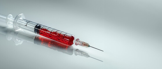 A syringe filled with blood lies on a reflective surface, highlighting the gravity of medical procedures