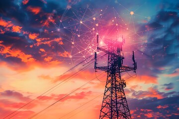 : A 5G tower against a sunset sky, with data waves emanating from it. - obrazy, fototapety, plakaty