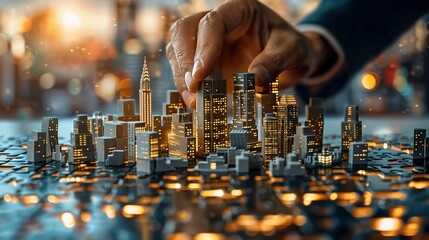 a team assembling a cityscape as a 3D puzzle where each piece is a different enterprise or innovation This visual metaphor highlights the complexity
