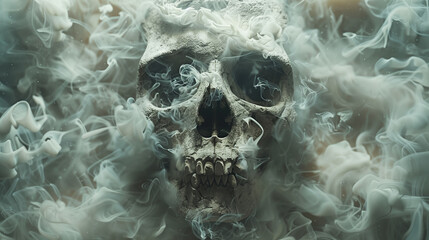 Smoke swirling around human skull, concept of horror. 3d illustration.