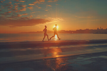 Dawn Jogging by the Sea: Runners Against Sunrise