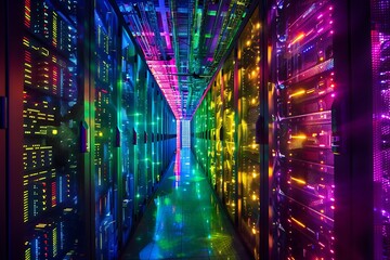 : A data center with rows of servers, illuminated by a network of colorful lights.