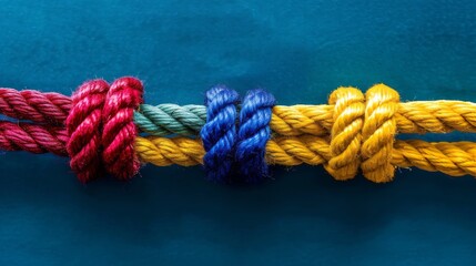 Fototapeta premium Team rope diverse strength connect partnership together teamwork unity communicate support. Strong diverse network rope team concept integrate braid color background cooperation empower power.