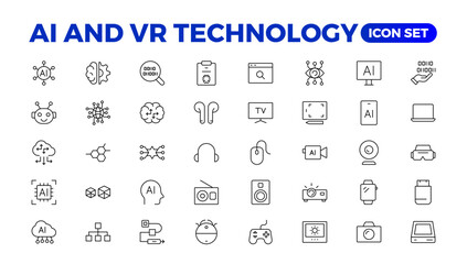 Artificial intelligence set of web icons in line style. AI technology for and mobile app. Machine learning, digital technology, and cloud computing networks. Outline icon set.