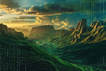 : A digital landscape with mountains made of data points, under a sky filled with binary code.