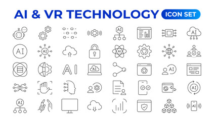 Artificial intelligence set of web icons in line style. AI technology for and mobile app. Machine learning, digital technology, and cloud computing networks. Outline icon set.