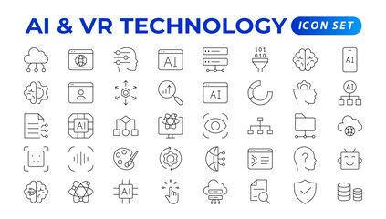 Artificial intelligence set of web icons in line style. AI technology for and mobile app. Machine learning, digital technology, and cloud computing networks. Outline icon set.