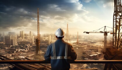 Construction foreman overseeing a large site from a high vantage point, cranes and machinery in operation, urban skyline in background