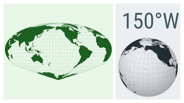 World Map Animation. Allen K. Philbrick Sinu-Mollweide projection. Solid color style. Animated world map in Sinu-Mollweide projection. Loopable animation showing longitude shift and matching globe.