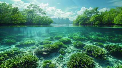 HD image of a coastal ecosystem restored through environmental technology, featuring mangrove reforestation, coral reef rehabilitation, and marine conservation efforts