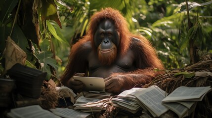 A mischievous orangutan, with a knack for cracking coconuts, accidentally stumbled upon a hidden stash of bitcoins buried by a forgetful human investor - obrazy, fototapety, plakaty