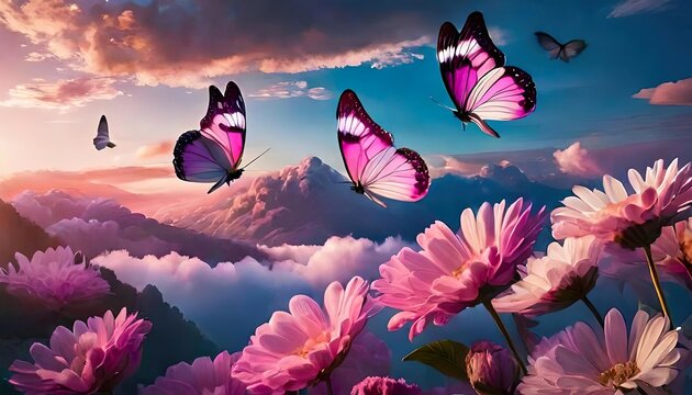 Butterflies flying in pink sunset