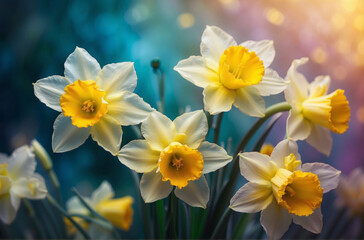 Daffodil flowers against a softly blurred backdrop with copy space. spring and fresh summer vibe wallpaper
