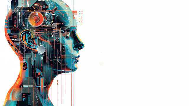 Close up of a person's face surrounded by various electronic elements, complex digital and futuristic appearance symbolizing integration of AI technology and humans. White background, copy space, 16:9