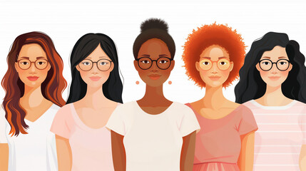 Group of women of different nationalities and cultures, skin colors and hairstyles. Society or population, social diversity. Cartoon characters. Vector illustration in flat design, isolated on white - obrazy, fototapety, plakaty