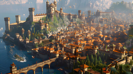 a fortress consisting of stone walls and rivers around a village with an orange roof and surrounded by mountains across the river. Generative AI