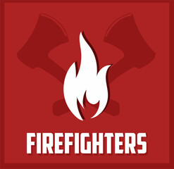 firefighters with fire on red background
