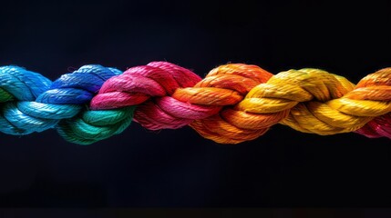 Team rope diverse strength connect partnership together teamwork unity communicate support. Strong diverse network rope team concept integrate braid color background cooperation empower power. 