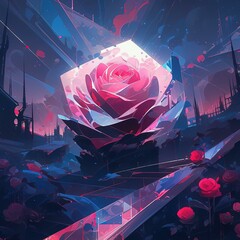 a rose that is sitting on a ledge in the middle of a field - obrazy, fototapety, plakaty