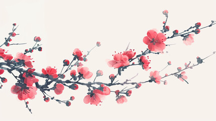 Red Blooming flowers on a branch in autumn on a light background. Traditional  painting. Banner