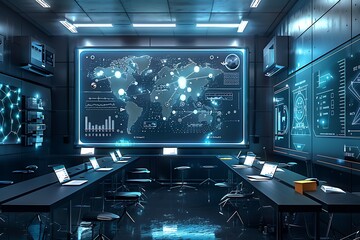 : A futuristic AI-powered classroom with holographic blackboards and virtual reality learning modules.