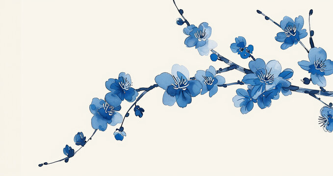 Blooming blue flowers on a branch in autumn on a light background. Traditional Chinese painting. Banner