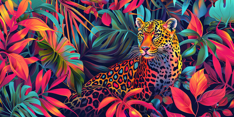 Wildlife concept. Exotic fantasy collage banner. Illustration of jungle plants and leo