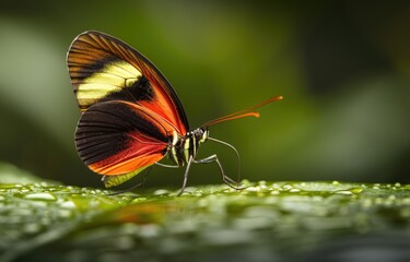 Obraz premium Vibrant Butterfly on Dewy Leaf