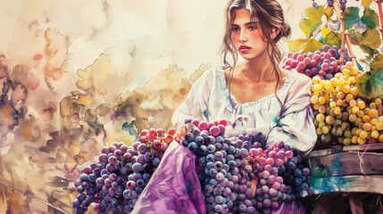 Obraz premium Banner with a girl sitting in a wooden cart with grape . Harvest concept.