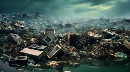 Electronic waste, overflowing in landfills, leached toxic chemicals into the surrounding soil and water, posing a threat to human and animal health - obrazy, fototapety, plakaty