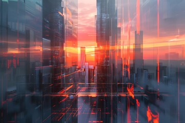 : A futuristic cityscape with buildings made of glass and steel, reflecting the setting sun's orange and pink hues.