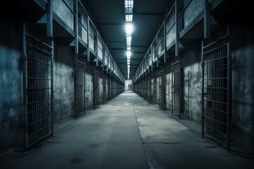 Interior of a prison corridor with rows of cell doors, dim lighting and stark conditions, emphasizing the isolation and security measures - obrazy, fototapety, plakaty