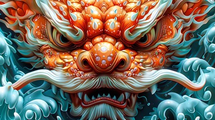 intricate detailed illustration of a dragon's face, mostly orange and yellow scales, blue water background
