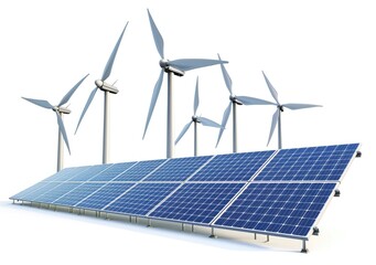 Renewable Energy Setup with Solar Panels and Wind Turbines