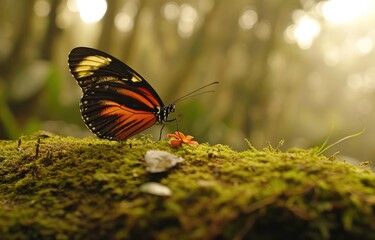 Butterfly on Moss with Misty Forest