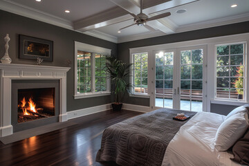 Slate Gray Bedroom with Coffered Ceiling, crackling fireplace, and bamboo floors