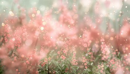 An abstract landscape in blush pink and sage green, where defocused lights suggest the gentle awakening of a spring morning in a blooming garden. The mood is refreshing and tender. - obrazy, fototapety, plakaty