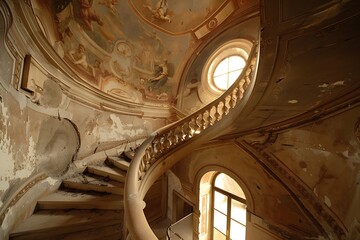 : A grand spiral staircase, crafted from polished marble, ascends towards a vaulted ceiling adorned with celestial frescoes. Depict the interplay of light and perspective within the space.