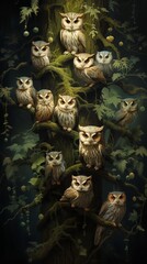 Using a complex system of chirps and clicks, a parliament of owls argued over hunting territories, with different factions proposing resourcesharing initiatives - obrazy, fototapety, plakaty