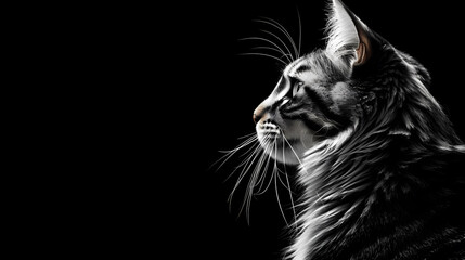 Black and white photography, side view profile portrait of a cat - obrazy, fototapety, plakaty