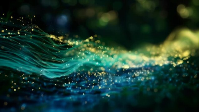 Countless dots of pale blue light undulate in the darkness of the deep sea, creating a mysterious scene. It gives a fantastical impression, almost like an aurora spreading across the ocean floor. 
