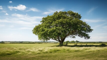 Obraz premium lonely tree in a meadow against a blue sky with clouds, landscape background