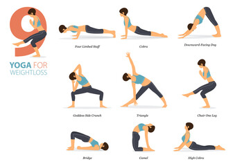 9 Yoga poses or asana posture for workout in weight loss concept. Women exercising for body stretching. Fitness infographic. Flat cartoon.
