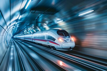 : A high-speed bullet train rushing through a tunnel, with motion blur emphasizing its speed.