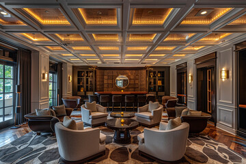 Transport yourself to a luxurious lounge area, where the coffered ceiling's elegant design and discreet lighting create a sense of opulence and sophistication, welcoming you to unwind in style - obrazy, fototapety, plakaty