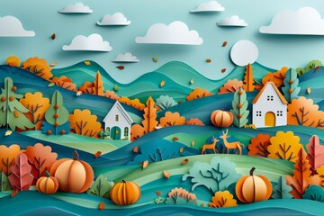 Autumn Harvest Paper Art Countryside Scene