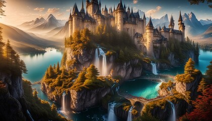 Fantastic castle on a rocky mound at the foot of which several waterfalls flow into the lake located at the foot of this rock. In the distance, the tops of the mountains appear in AI Generated - Powered by Adobe