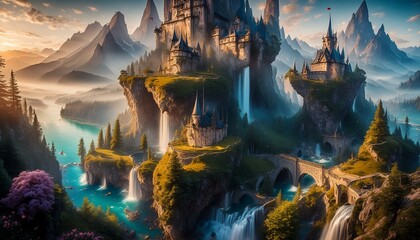 Fantastic castle on a rocky mound at the foot of which several waterfalls flow into the lake located at the foot of this rock. In the distance, the tops of the mountains appear in AI Generated - Powered by Adobe
